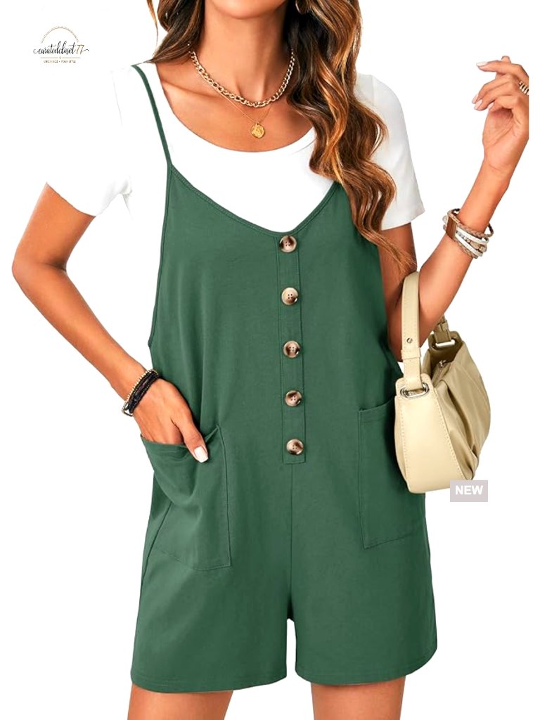 Large Cotton Romper Jumpsuit Sleeveless V-Neck Loose Fit Pockets